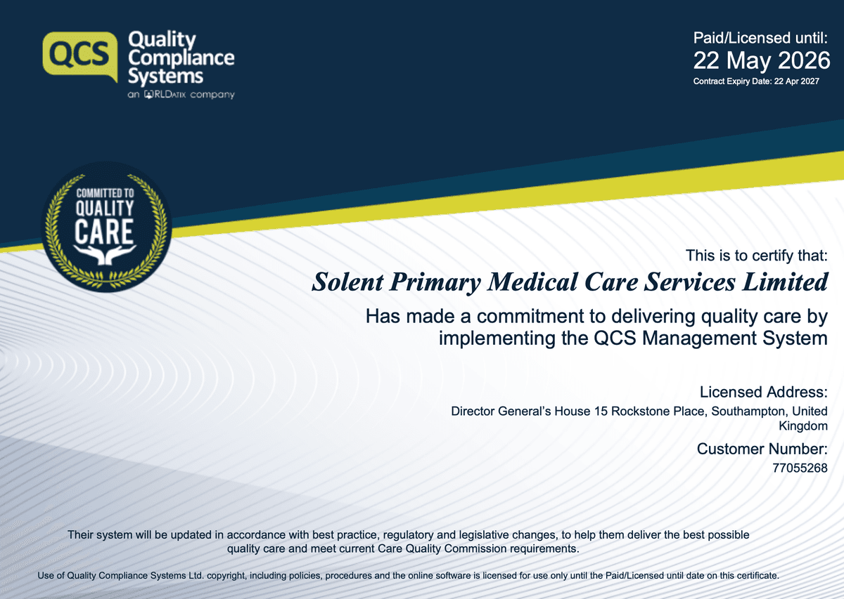 QCS Quality Compliance Systems Certificate — Solent Primary Medical Care Services Limited