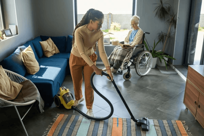 Carer helping a client with daily tasks at home
